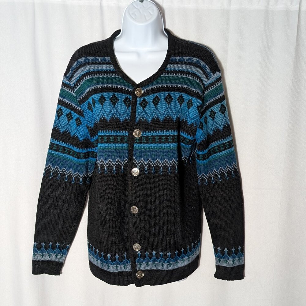 NORVYK cardigan Sz S 100% WOOL METAL ENGRAVED BUTTONS STUNNING VINTAGE CANADA